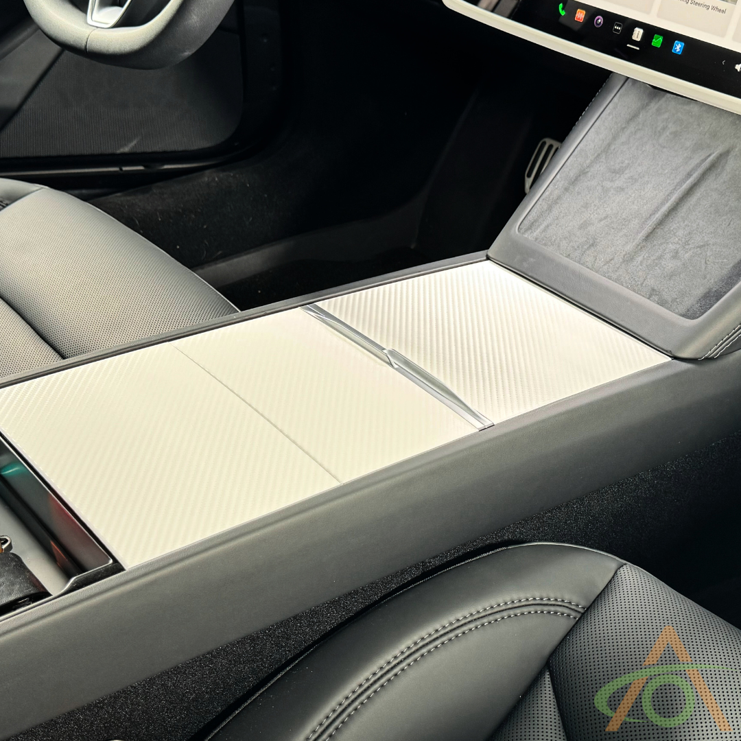 White Carbon Fiber Center Console Wrap for the Refreshed Tesla Model 3 & Y