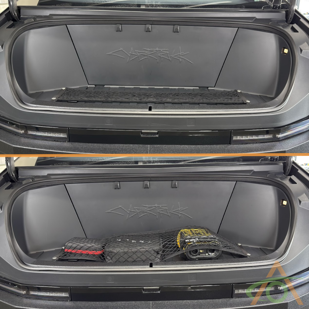 Tesla Cybertruck Front Trunk L-Track Cargo Net (comparison)