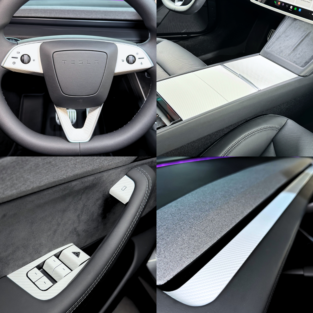 White Carbon Fiber Interior Protection Bundle for the Refreshed Model 3 & Y (Juniper interior shown)