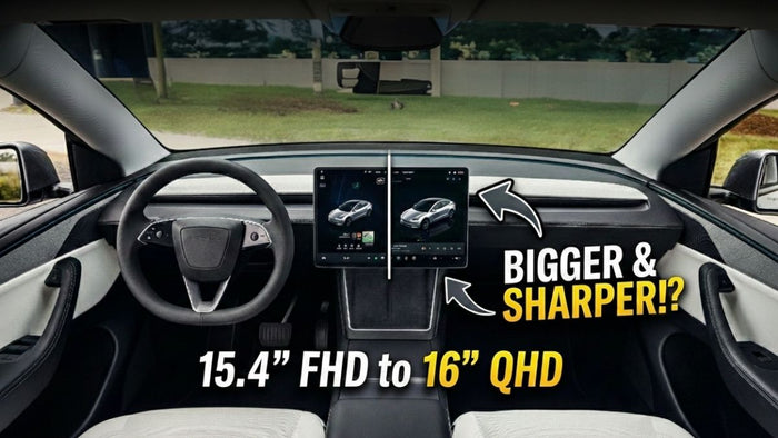 Tesla Model 3 interior with the center screen split down the middle to compare the 15.4-inch FHD display against the 16-inch QHD upgrade