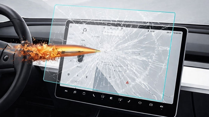 Illustration of a bullet shattering a glass screen protector fitted over a Tesla center touchscreen