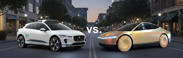 A Waymo robotaxi alongside a Tesla Cybercab