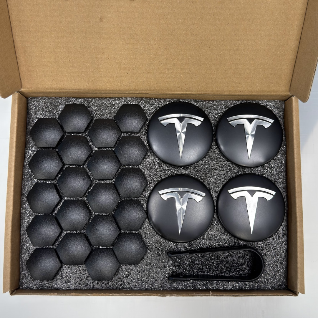 Packaging for the Satin Black Wheel Center Cap for any Tesla